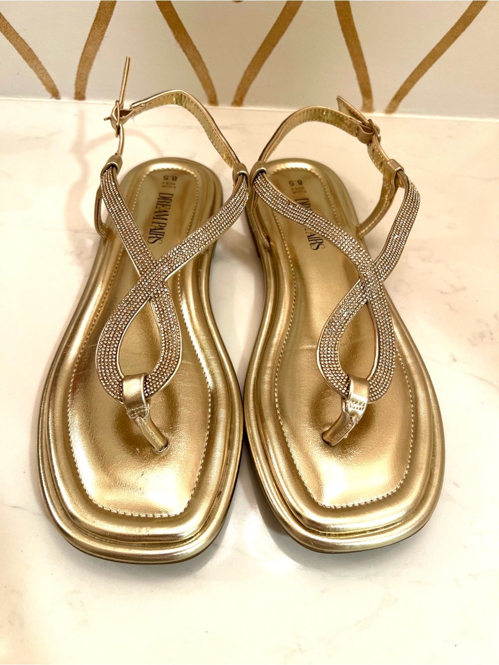 Dream Pair Metallic Gold Women's Thong Sandals With Rhinestone Strap